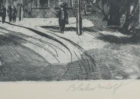 Blahos Rudolf (1917-1986): Vajdahunyad vára (Városliget). Rézkarc, papír, jelzett, 29x40 cm. Üvegeze...