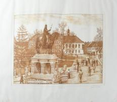 Gaál Domonkos (1940-2009): Budai vár Szent István király szobra. Színes rézkarc, papír, jelzett, sorszámozott 26x37 cm
