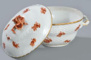 Herendi virágmintás bonbonier, jelzett, sérült, 13x9 cm