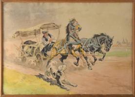 Benyovszky István (1898-1969): Itató csikós.. Színezett rézkarc, papír, jelzett, 38x54 cm Kis felületi sérülésekkel