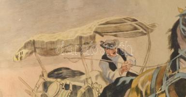 Benyovszky István (1898-1969): Itató csikós.. Színezett rézkarc, papír, jelzett, 38x54 cm Kis felüle...