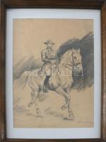 Benyovszky István (1898-1969): Lovas. Ceruza, papír., jelzett, Üvegezett keretben 41x29 cm