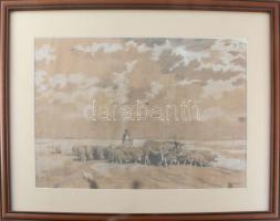 Benyovszky jelzéssel: Birkapásztor. Vegyes technika, papír., jelzett, Üvegezett keretben 27x40 cm