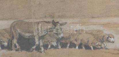 Benyovszky jelzéssel: Birkapásztor. Vegyes technika, papír., jelzett, Üvegezett keretben 27x40 cm