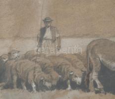 Benyovszky jelzéssel: Birkapásztor. Vegyes technika, papír., jelzett, Üvegezett keretben 27x40 cm