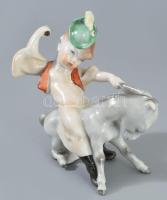 Herendi fiú szamáron, kézzel festett, jelzett, sérüléssel, m: 121,5 cm