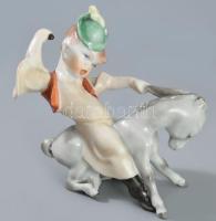 Herendi fiú szamáron, kézzel festett, jelzett, sérüléssel, m: 121,5 cm