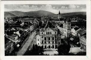 1938 Kassa, Kosice; Stefánikova ulica. Fried / Stefánik utca, Színház, üzletek, automobil, villamos / street view, theatre, shops + "1938 KASSA VISSZATÉRT" So. Stpl.