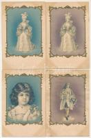 4 db RÉGI (1905 előtti) szecessziós dombornyomott művészlap: rokokó viselet / 4 pre-1905 Art Nouveau Emb. art postcards: Rococo costumes