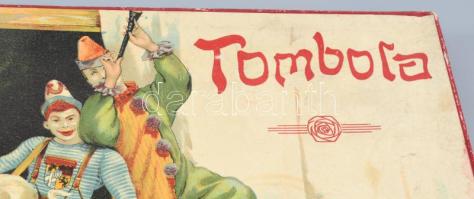 Tombola bohócokat ábrázoló litho papírdoboz, részleges tartalommal, sérülésekkel, 21×26×2 cm