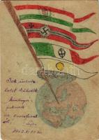 1942 Tábori Postai Levelezőlap - saját kézzel rajzolt, központi hatalmak zászlói, horogkereszt / WWI...
