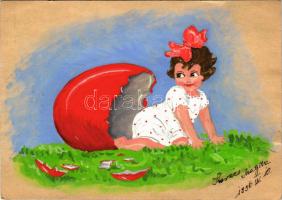 1936 Kislány piros húsvéti tojással, egyedi kézzel festett húsvéti üdvözlőlap / Hand-painted Easter ...