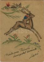 1944 Tábori Postai Levelezőlap - kézzel rajzolt, szarvas és nyúl, húsvéti üdvözlet / WWII Hungarian ...