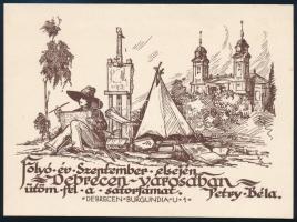 Petry Béla (1902-1996): Debrecen városában, fametszet, papír, 10,5×14 cm