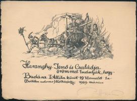 1929 Haranghy Jenő (1894-1951): Haranghy és családja, fametszet, papír, jelzett, 12,5×17 cm