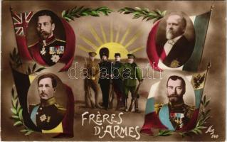 1915 Freres d'Armes / Triple Entente, Allied Powers propaganda with George V, Poincaré, Albert ...
