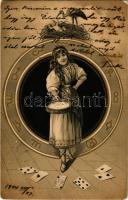 1904 Kártyalap jósoló cigánylánnyal, kártyákkal és csecsemővel / Playing cards with Gypsy fortune te...