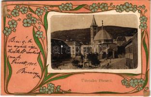 1901 Üdvözlet Pécsről! Dombornyomott szecessziós virágos üdvözlőlap, Széchényi tér. Art Nouveau, floral, Emb. litho (r)