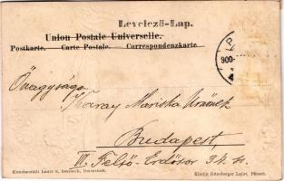 1901 Üdvözlet Pécsről! Dombornyomott szecessziós virágos üdvözlőlap, Széchényi tér. Art Nouveau, flo...