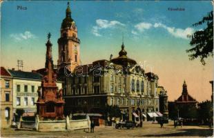 1928 Pécs, Városháza, Páll Ödön üzlete, automobil, villamos (hullámos / wavy)