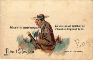 Prosit Neujahr! Selig sind die Armen im Beiste. Les ich den Spruch, so fällt mir ein O Greund wie selig musst du sein. Gegen das Licht halten!/ Újévi üdvözlet / New Year greeting. Hold to light litho (fl)