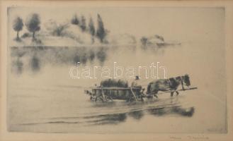 Kiss Terézia (1928-2016): Dunakanyar. Rézkarc, papír, jelzett. Üvegezett fakeretben. 15x22 cm