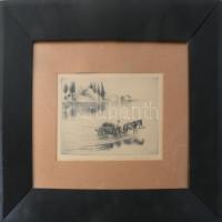 Kiss Terézia (1928-2016): Dunakanyar. Rézkarc, papír, jelzett. Üvegezett fakeretben. 15x22 cm