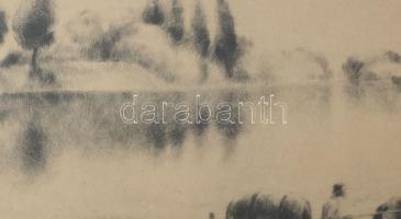 Kiss Terézia (1928-2016): Dunakanyar. Rézkarc, papír, jelzett. Üvegezett fakeretben. 15x22 cm