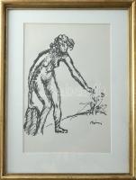 Rippl-Rónai József (1861-1927): Virágot szedő akt. Cinkográfia, papír, jelzett a cinkográfián, üvege...