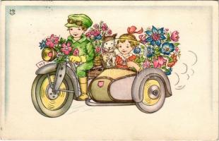 1950 Gyerekek oldalkocsis motorkerékpáron kutyával, virágokkal / Children in sidecar motorcycle.