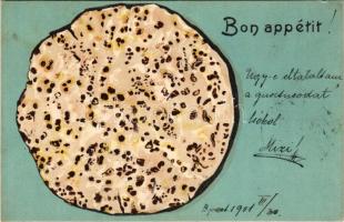 1901 Bon appétit! / Pészah üdvözlet macesz lepénnyel. Judaika / Pesach (Passover) greeting with matz...