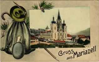 1912 Mariazell (Steiermark), pilgrimage church. Gregor Fischer Art Nouveau montage frame with hiker&...