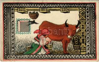 1918 Magyar népélet / Ung. Volksleben / Hungarian folklore art postcard s: Kardos Böske (szakadás / ...