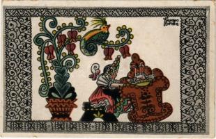 Magyar népélet / Ung. Volksleben / Hungarian folklore art postcard s: Kardos Böske (kis szakadások /...