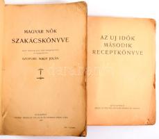 Szopori Nagy Jolán: Magyar nők szakácskönyve. Saját tapasztalatai után összegyűjtötte és szerkesztette - - -. Bp., 1907, "Pátria", 258+8 p. Kiadói papírkötés, sérült borítóval és gerinccel, néhány foltos, viseltes (65-72 p.) lappal, néhány szamárfüles lappal, egy-két bejegyzéssel. + Az Uj Idők második receptkönyve. Bp., 1934, Singer és Wolfner, 240 p. Kiadói papírkötés, sérült, foltos borítóval.