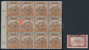 Kolozsvár 1919 Arató 2f ívszéli 12-es tömb, a középső sor 2. bélyegén "ANI" tévnyomat + Parlament 1K "LFU" tévnyomattal, Bodor vizsgálójellel (Parlament bélyeg falcos / hinged)