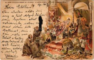 1900 Szent Asztrik átnyújtja a koronát Szent Istvánnak. Ezredéves Országos Kiállítás. litho + barna 2 Kr Ga. s: Kimnach László (szakadás / tear)