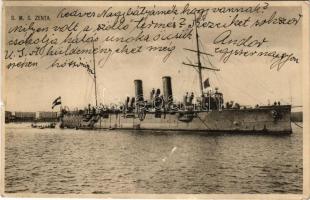 1913 SMS Zenta Osztrák-Magyar Haditengerészet Zenta-osztályú védett cirkálója, hátoldalon osztrák császári zászló. Phot. Alois Beer, Verlag F. W. Schrinner / K.u.k. Austro-Hungarian Navy Zenta-class protected cruiser (ázott sarok / wet corner)
