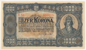 1923. 1000K "B 64 860579", "Magyar Pénzjegynyomda Rt. Budapest." nyomdahely jelö...
