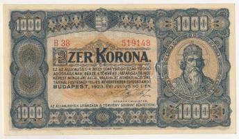1923. 1000K "B 38 519148", "Magyar Pénzjegynyomda Rt. Budapest." nyomdahely jelö...