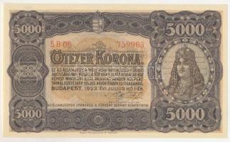 1923. 5000K "5 B 06 759963", "Magyar Pénzjegynyomda Rt. Budapest." nyomdahely je...