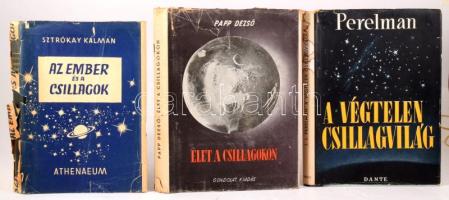 3 db csillagászati témájú könyv: Sztrókay Kálmán: Az ember és a csillagok. Say Kornél rajzaival. Bp., 1943, Athenaeum. Kiadói félvászon-kötés, jó állapotban, erősebben sérült kiadói papír védőborítóban. + Papp Dezső: Élet a csillagokon. Ford.: Kecskeméti György. Bp., 1945, Gondolat. Kiadói félvászon-kötés, sérült kiadói papír védőborítóban. + Perelman, J. I.: A végtelen csillagvilág. Ford.: P. Tarczay Gizella. Bp., [1949], Dante. Kiadói félvászon-kötés, kissé sérült, foltos kiadói papír védőborítóban.