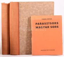 Veres Péter 3 db első kiadású kötete: Szocializmus, nacionalizmus. Bp., 1939, MEFHOSZ, 250+[2] p. Kiadói félvászon-kötés. + Falusi krónika. Bp., [1941], Magyar Élet, 266 p. Kiadói félvászon-kötés, ajándékozási bejegyzéssel. Koszorús Oszkár (1942-2025) okleveles könyvtáros, Orosháza város helytörténésze tulajdonosi bélyegzőivel. + Parasztsors - magyar sors. [Bp., 1941], Magyar Élet, 87+[7] p. Kiadói papírkötés, sérült, a lapok egy része kijár.