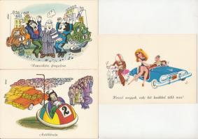12 db MODERN magyar közlekedés témájú grafikai művészlap híres karikaturistáktól (Képzőművészeti Ala...