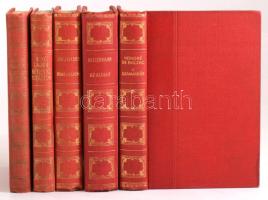 Athenaeum Könyvtár sorozat 5 kötete: Balzac, Honoré de: A szamárbőr. Ford.: Harsányi Kálmán.; Bibó Lajos: Kétlelkű szerelem.; Bojer, Johan: A nagy éhség. Ford.: Hajdu Henrik.; Jensen, [Johannes Vilhelm]: D'Ora asszony. Ford.: Karinthy Frigyes.; Kellermann, [Bernhard]: Az alagút. Ford.: Nitsch Lőrinc. Bp., 1913-[1930], Athenaeum. Aranyozott gerincű, piros egészvászon-kötésben, vegyes állapotban.