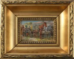 Pállya Carolus (1875-1930): Vásári jelenet. Olaj, karton, jelzett, 11x16 cm Dekoratív keretben.