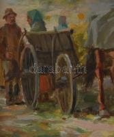 Pállya Carolus (1875-1930): Vásári jelenet. Olaj, karton, jelzett, 11x16 cm Dekoratív keretben