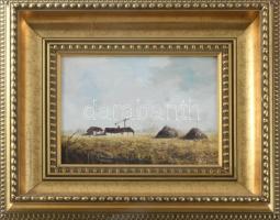 Olvashatatlan jelzéssel: Szénaboglyák. Akril, vászon, dekoratív keretben 18x22 cm