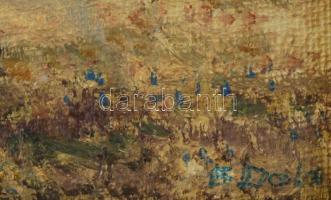 Olvashatatlan jelzéssel: Szénaboglyák. Akril, vászon, dekoratív keretben 18x22 cm