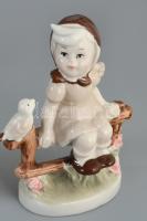 Régi német gyermek madárral figura pár, jelzés nélkül, m: 15 cm alatt